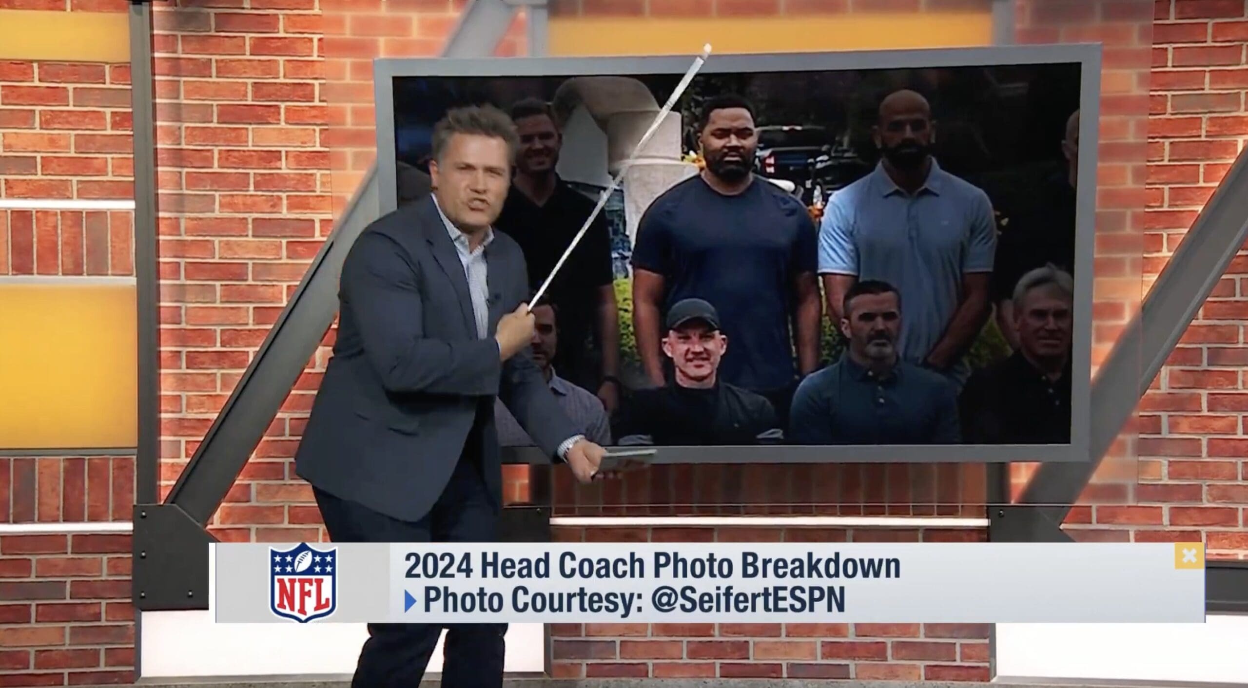 NFL Network's Good Morning Football host Kyle Brandt discusses the NFL coaches photo of New England Patriots head coach Jerod Mayo